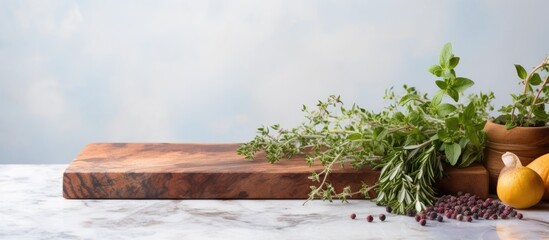 A side view of a wooden cutting board with edges placed on a white marble background Thyme and spices are displayed on it with a copy space image for text