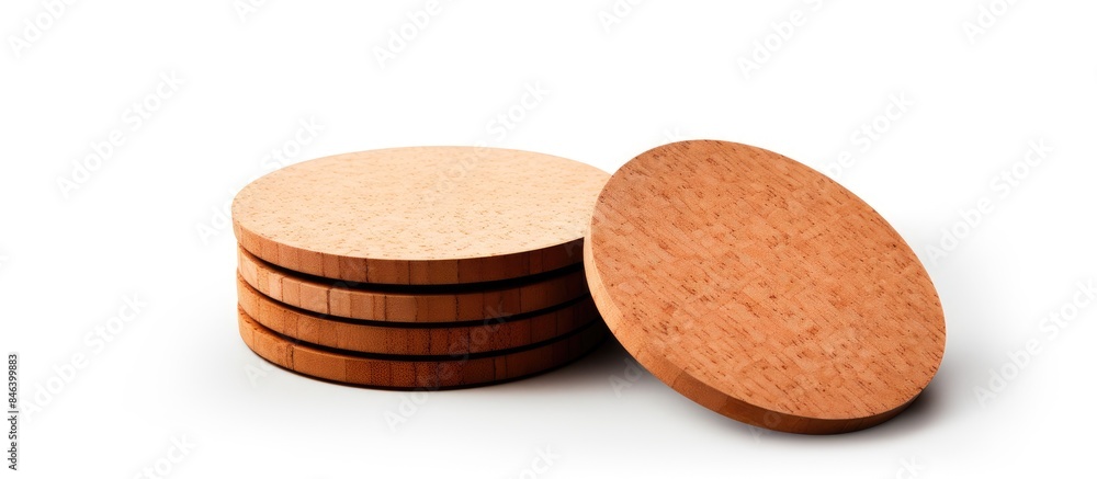 Poster a copy space image featuring round cork table coasters placed on a clean white background