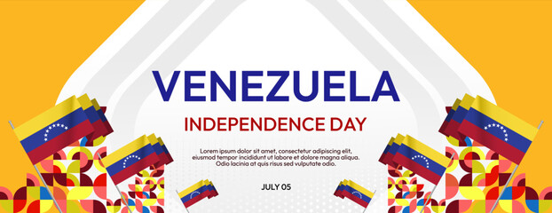 Venezuela Independence Day banner in modern geometric style. Wide banner with typography and also country flag. Background for national holiday celebration party. Happy Venezuela Independence Day