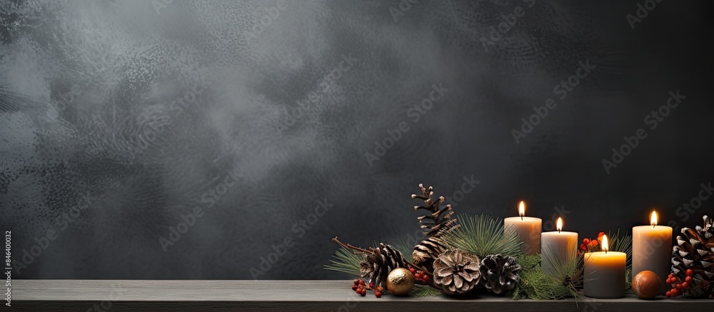 Poster a copy space image featuring a grey background adorned with burning candles fir tree branches pine c