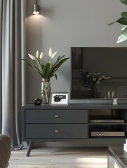Tv mockup on a tv cabinet for your design. 3d render.