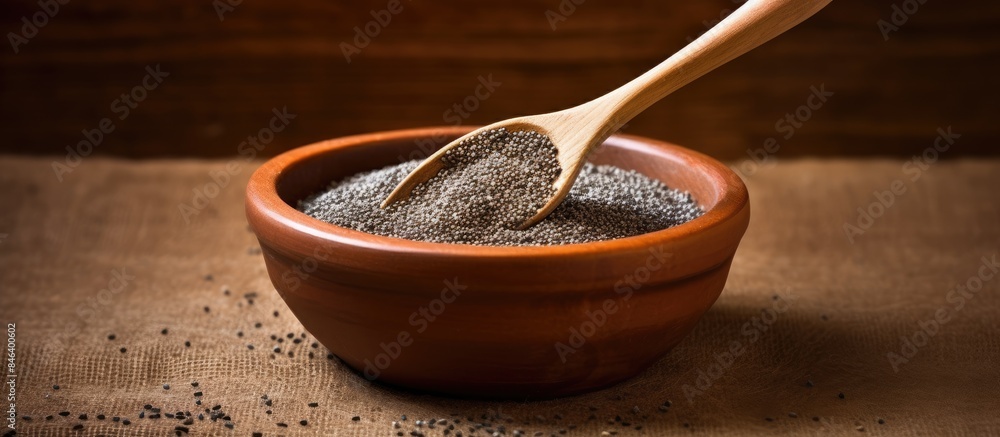Poster a healthy superfood chia seeds are displayed in a bowl with spoons against a brown textured backgrou