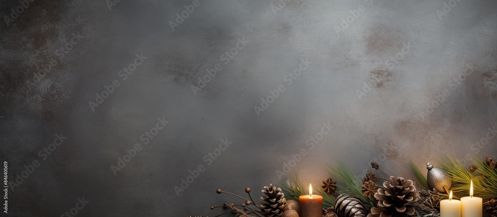Poster a copy space image featuring a grey background adorned with burning candles fir tree branches pine c