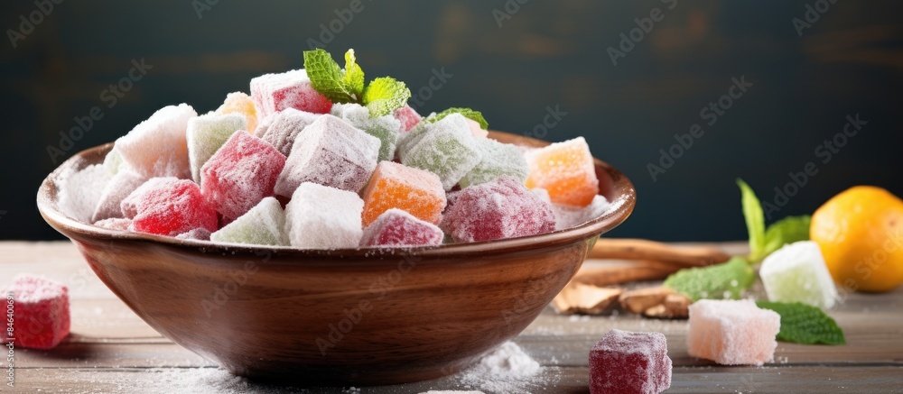 Poster a bowl filled with delicious turkish delight is beautifully arranged on a light colored background c
