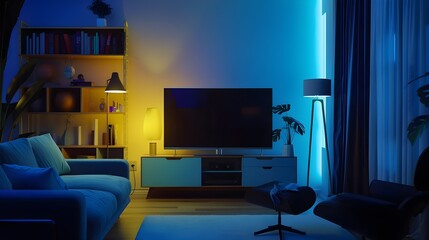 Tv mockup in living room at night. Tv screen, tv cabinet, chairs, bookshelf