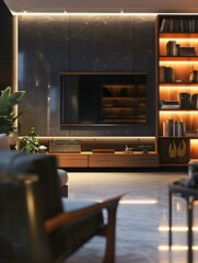Tv mockup in living room at night. Tv screen, tv cabinet, chairs, bookshelf