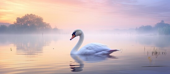 Obraz premium A serene rural landscape featuring a charming goose gracefully floating in the tranquil waters of a calm lake with a copyspace image