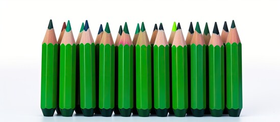 A bunch of black pencils is closely arranged within a green ceramic cup situated on a white background This composition offers ample space for showcasing an image or text