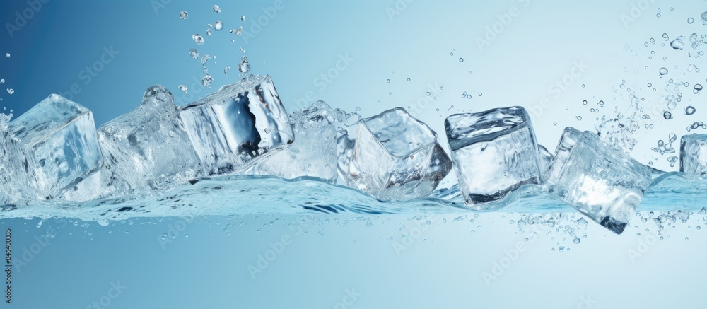 Poster a refreshing blue background with a transparent pure water splash and ice cubes creating a captivati