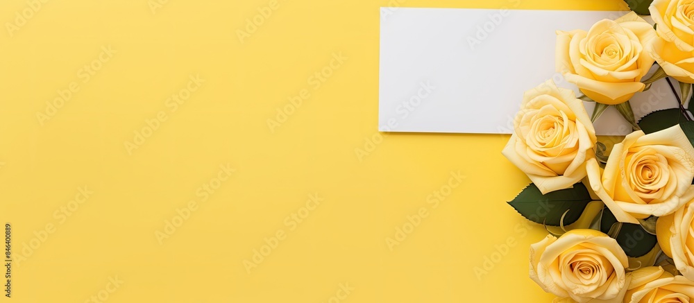 Poster a top view photo of an office desk working space with blank mock up notes yellow roses and a yellow 