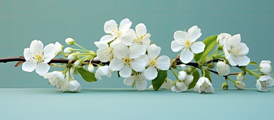 A bouquet of white flowers and hawthorn buds eagerly awaiting pollination in an ideal copy space image