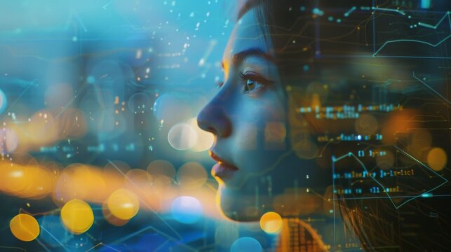 Young woman with futuristic neon blue and orange highlights, double exposure of computer code and city lights, side profile with soft focus on a blurred bokeh cityscape in high resolution.