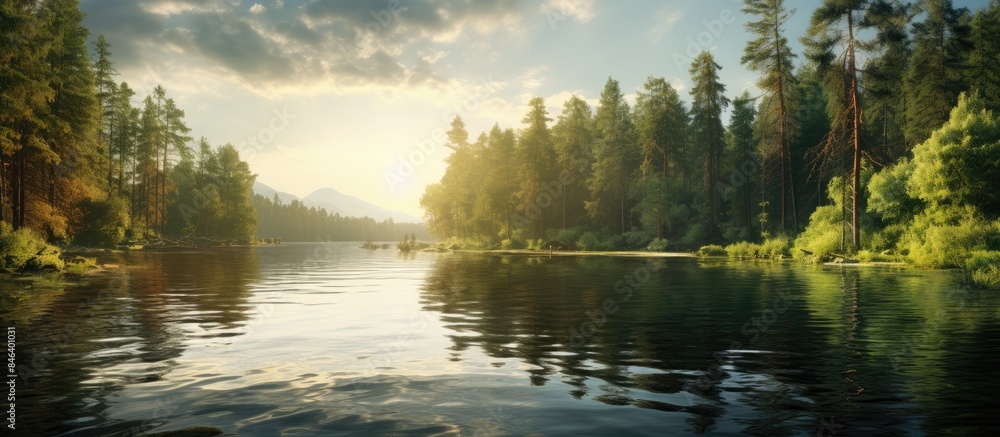Poster a scenic view of the woods encircling a serene lake illuminated by a radiant sun flare with plenty o