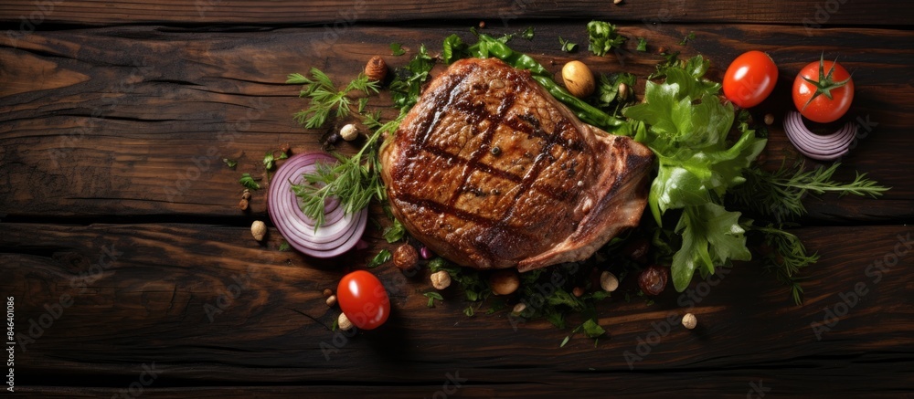 Poster a deliciously cooked veal steak accompanied by a fresh lettuce leaf and an array of flavorful spices