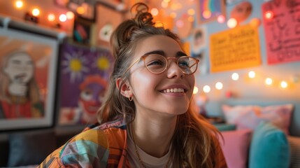 Excited students decorating their new dorm room, hanging posters, arranging furniture, and making the space their own (close up, student life, vibrant, Overlay, dorm room)