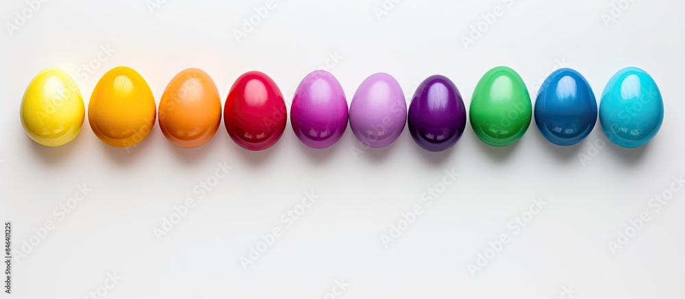 Poster a flat lay of isolated easter eggs in various rainbow colors on a white background with plenty of co