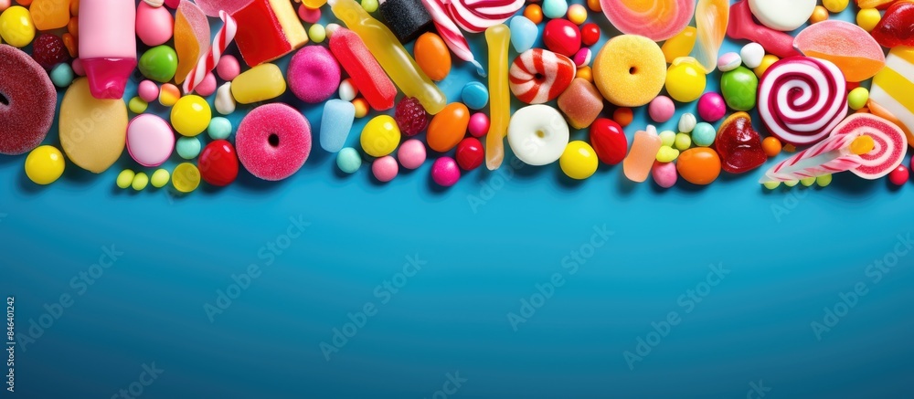 Poster a mixture of colorful candies in various shapes and sizes the image has plenty of copy space availab