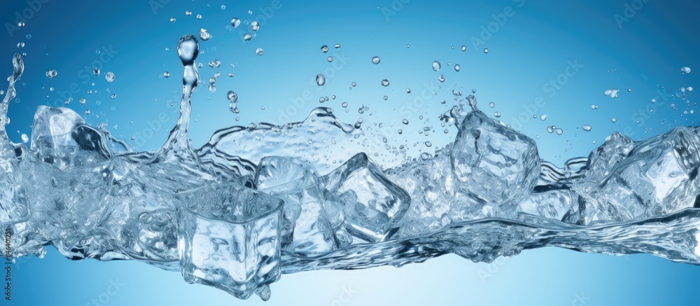 Poster a refreshing blue background with a transparent pure water splash and ice cubes creating a captivati