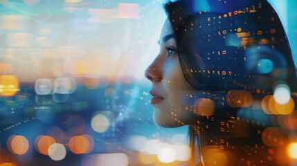Young woman with futuristic neon blue and orange highlights, double exposure of computer code and city lights, side profile with soft focus on a blurred bokeh cityscape in high resolution.