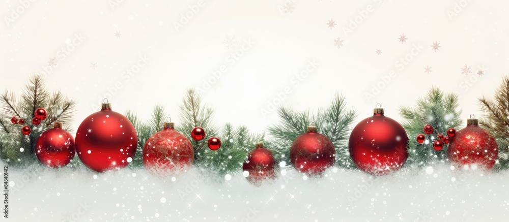 Poster a festive christmas border adorned with tree branches balls and a bokeh texture against a white back