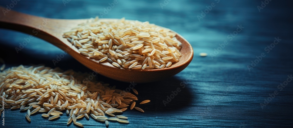 Poster a wooden spoon is placed on top of rice in an image with open space for additional content