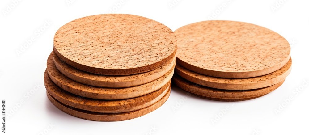 Poster a copy space image featuring round cork table coasters placed on a clean white background