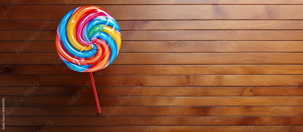 Poster a bird s eye view of a big round lollipop placed on a wooden table with ample empty space around it 