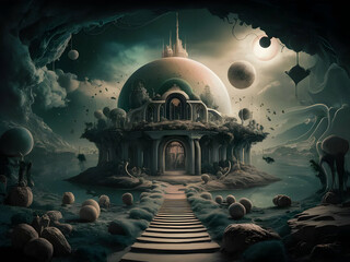model on surrealist art and fantasy landscapes to create otherworldly scenes that blend reality and imagination. These dreamscapes can include floating islands, unusual flora and fauna, and impossible