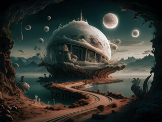 model on surrealist art and fantasy landscapes to create otherworldly scenes that blend reality and imagination. These dreamscapes can include floating islands, unusual flora and fauna, and impossible