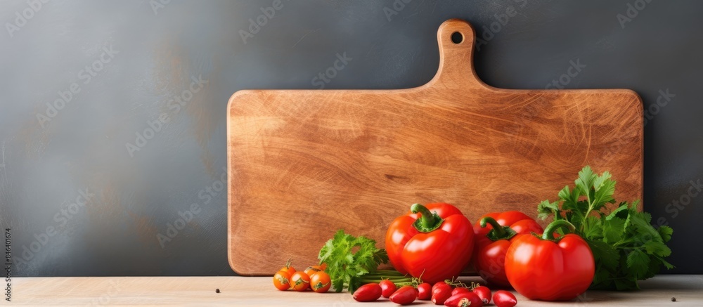 Poster a wooden cutting board sits on a textured kitchen table serving as a backdrop for a menu food card o