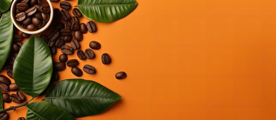 A flat lay of vibrant green coffee leaves and beans against a soft orange backdrop providing ample space for text