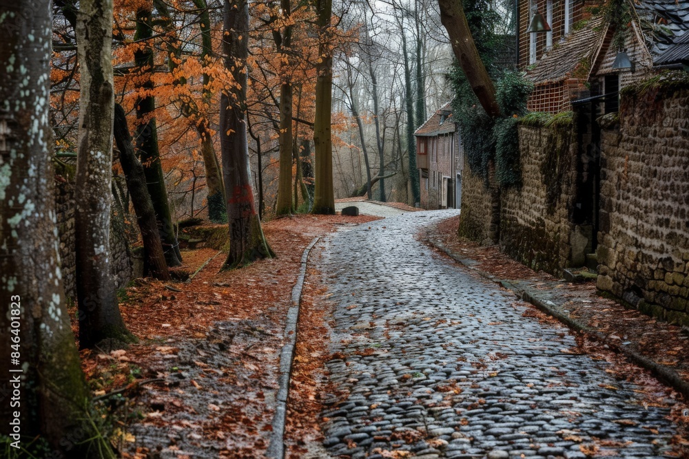 Poster An enchanting view of a cobblestone alley winding through a forest with autumnal hues creating a fairytale atmosphere