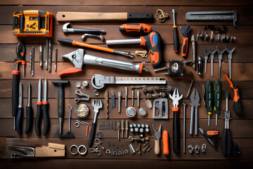 Right above the flat lay shots of various hand tools. Full frame shots of carpentry tools on the wooden floor. They represent the DIY concept. The concept of knolling.