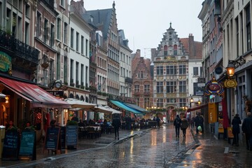 Obraz premium View of a wet cobblestone street in a bustling European city center with rows of colorful shops