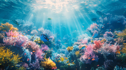 Naklejka premium Underwater Scene - Tropical Seabed With Reef And Sunshine. Coral reef ocean floor and natural sunlight underwater seascape, Pacific ocean, French Polynesia. An underwater scene where sunlight. 