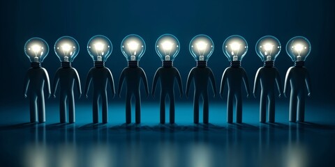 A lineup of human figures with lightbulb heads glowing brightly, symbolizing innovation, bright ideas, and creativity, and suitable for themes of ingenuity and inspiration.
