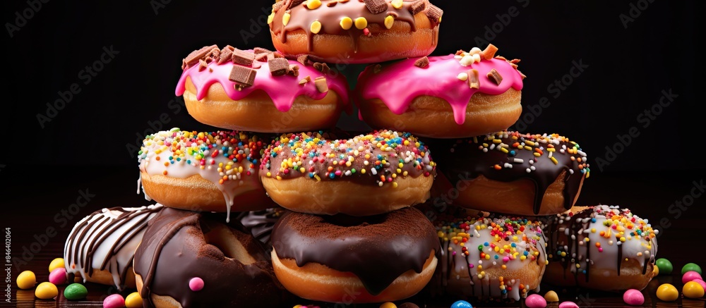 Poster a vibrant display of sugary donuts arranged on a rich chocolatey backdrop with ample copy space imag