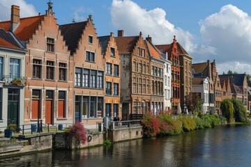 Fototapeta premium A serene canal view in Belgium featuring the iconic architecture and vibrant blooms along the water's edge