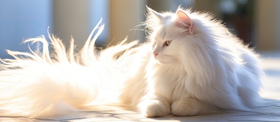 A white cat s furry tail rests on a marble surface basking in the warm rays of sunlight in the background The composition is perfect for a copy space image