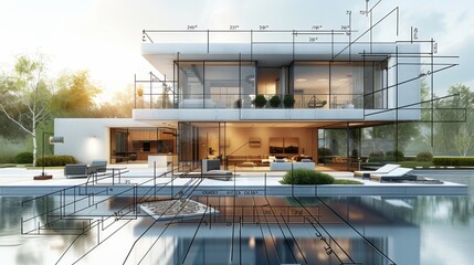 A detailed blueprint of a modern house, showcasing the interior and exterior design with annotations for materials used in construction. Generative AI.