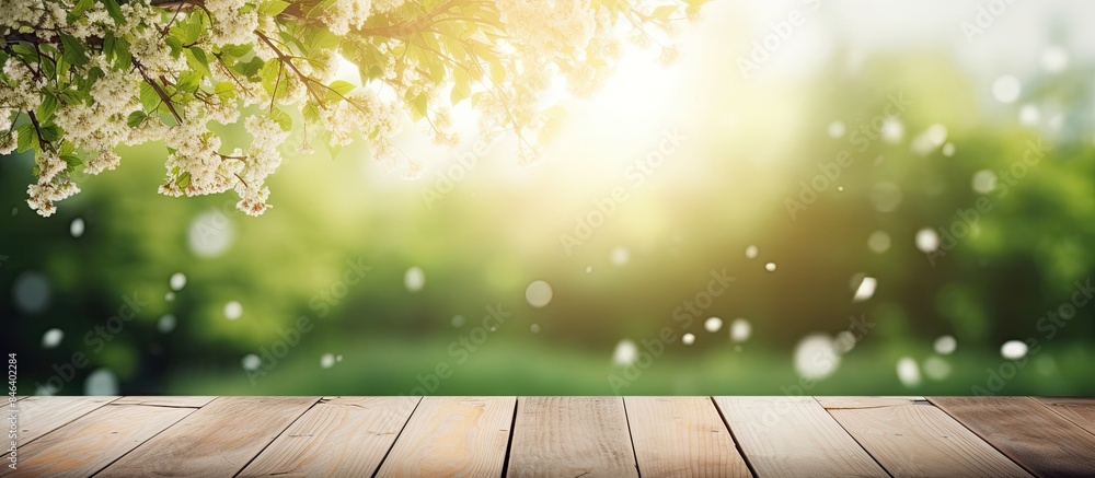 Poster a spring or summer season scene with a blurred background of trees covered in a wooden perspective a