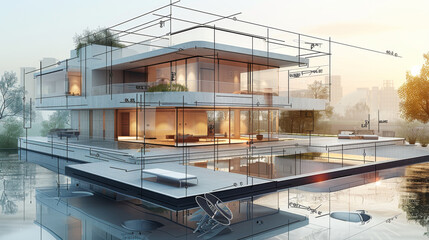 Fototapeta premium A detailed blueprint of a modern house, showcasing the interior and exterior design with annotations for materials used in construction. Generative AI.