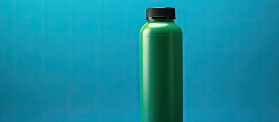 A green plastic sports bottle is positioned on the left side of a blue background providing ample copy space for additional content
