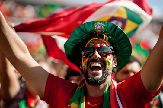 Emotive snapshot of a Portuguese fan raising the national flag in a stadium full of supporters - Powered by Adobe