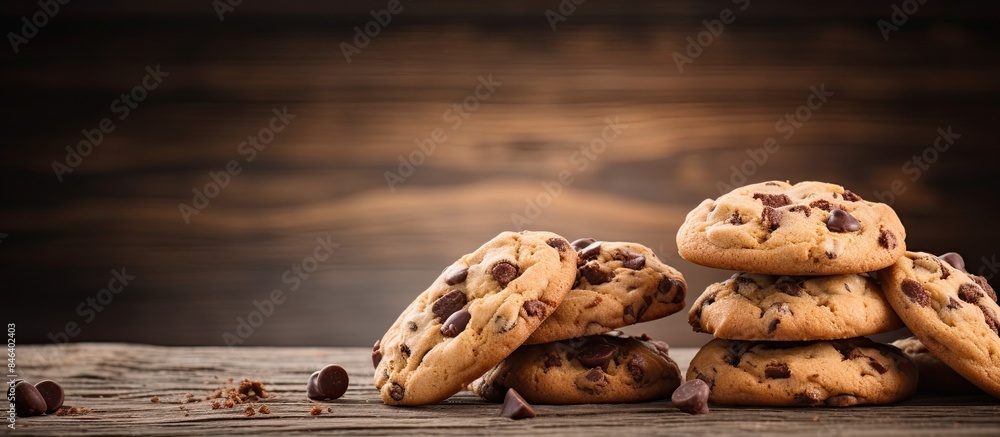 Poster a copy space image of chocolate chip cookies arranged on a rustic wooden background