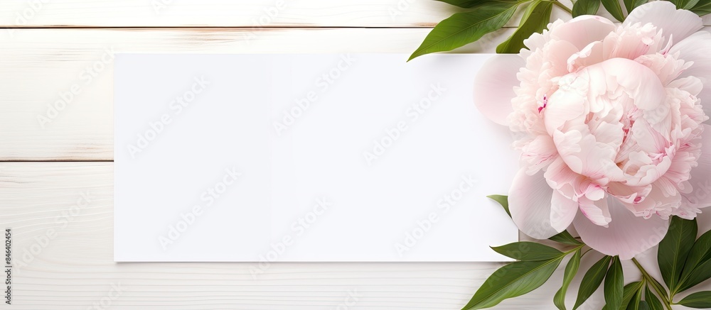 Poster a flatlay image of a minimal interior design featuring a peony flower frame with a clear white paper