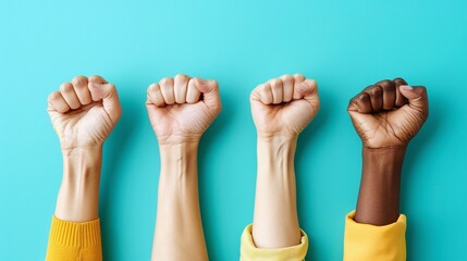 a group of raised fists on a solid background