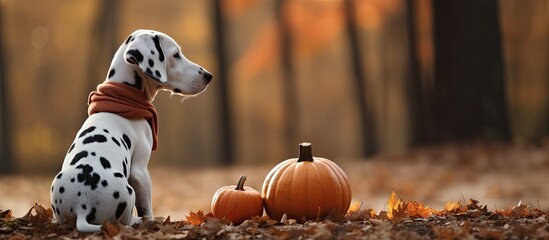 Obraz premium Autumn park scene with a Dalmatian puppy wearing a cozy hat and scarf sitting beside a pumpkin and gazing off into the distance Copy space image