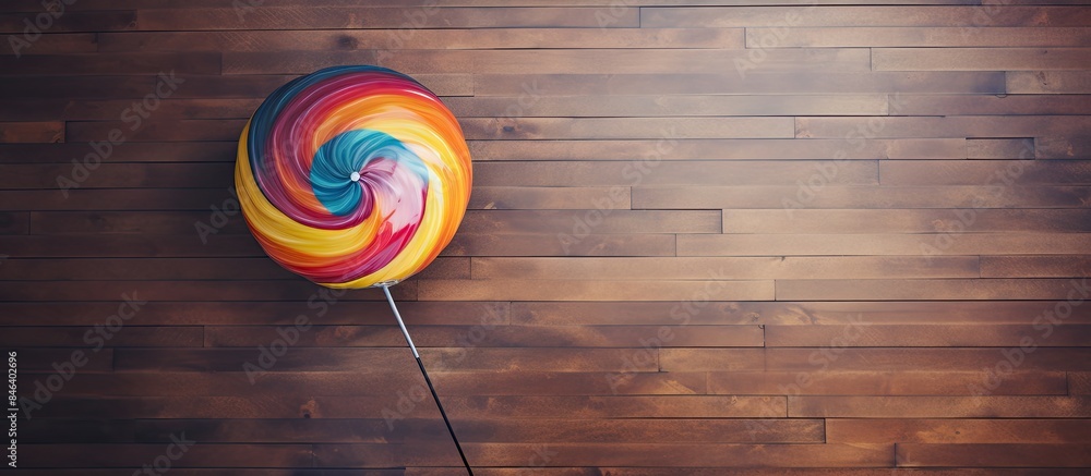 Poster a bird s eye view of a big round lollipop placed on a wooden table with ample empty space around it 
