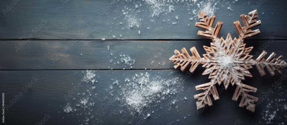 Poster a wooden snowflake placed on a snowy chalk background creating a serene copy space image